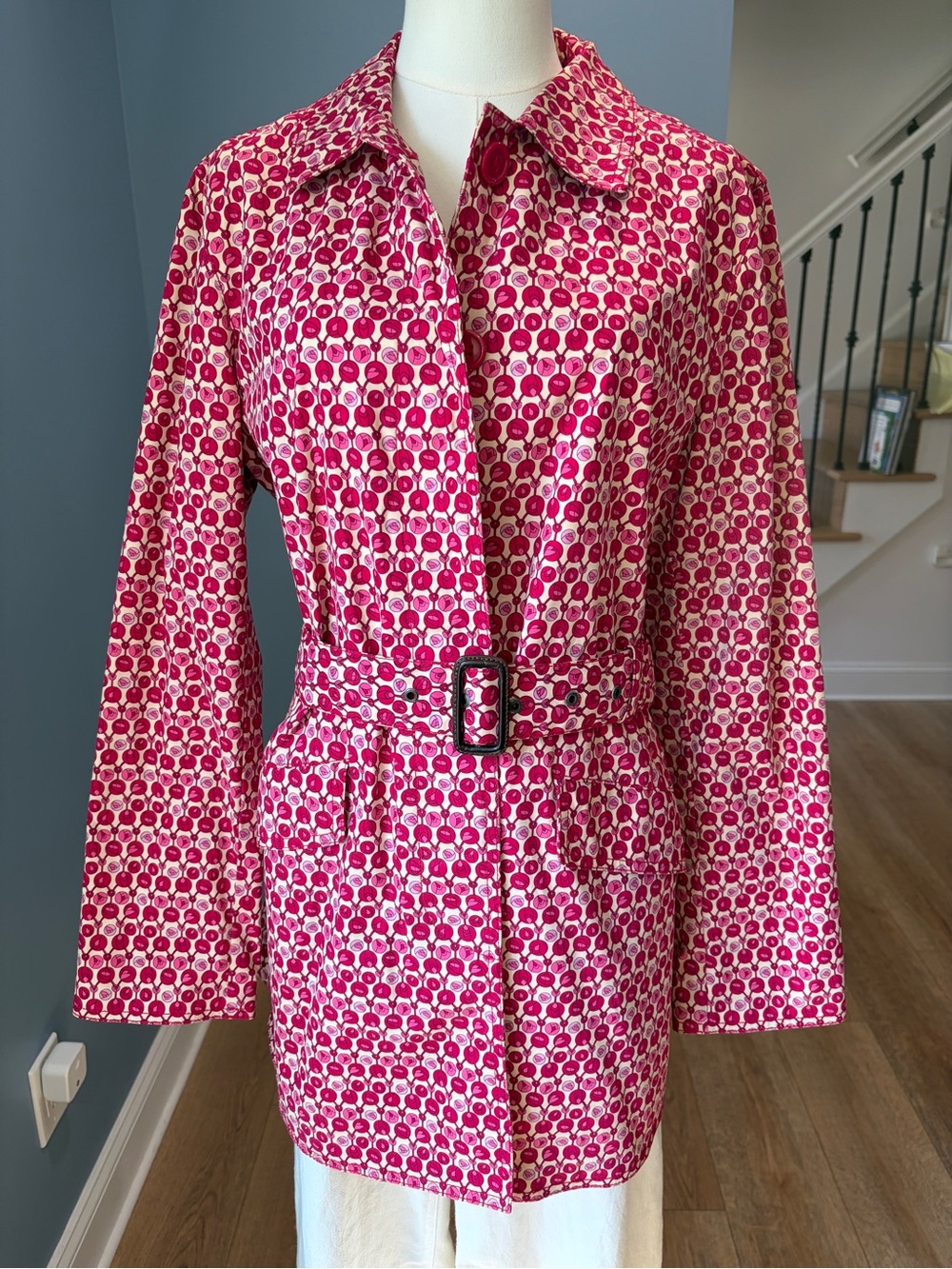 GAP Pink Rose Print Belted Cotton Trench Coat Mod Retro Y2K Large